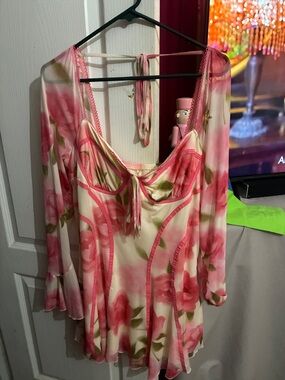 SHEIN Pink Floral Tie-Front Long-Sleeve Tunic
